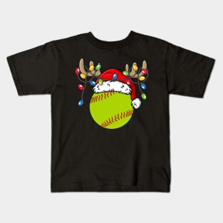 Softball With Santa Hat Reindeer Antlers Christmas Lights Kids T-Shirt